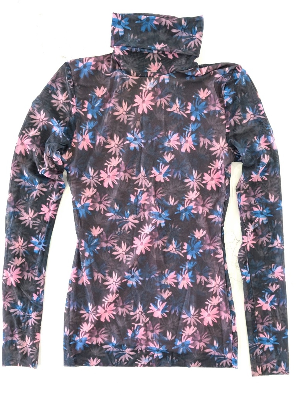 GANNI NWT Mesh Turtleneck Top 34 Floral Pink Blue Long Sleeve Rollneck T3289